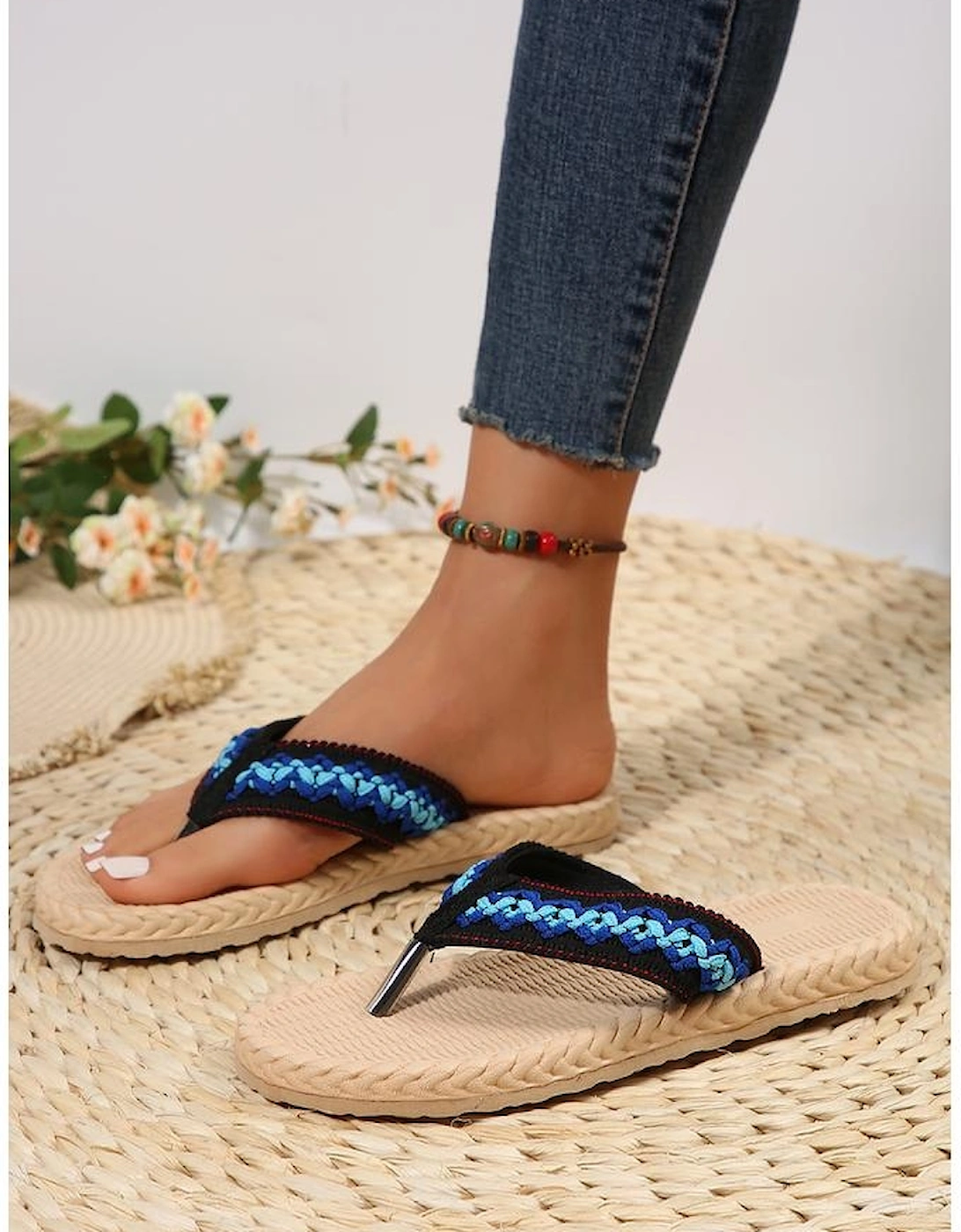 Blue Woven Strap Flat Flip Flops