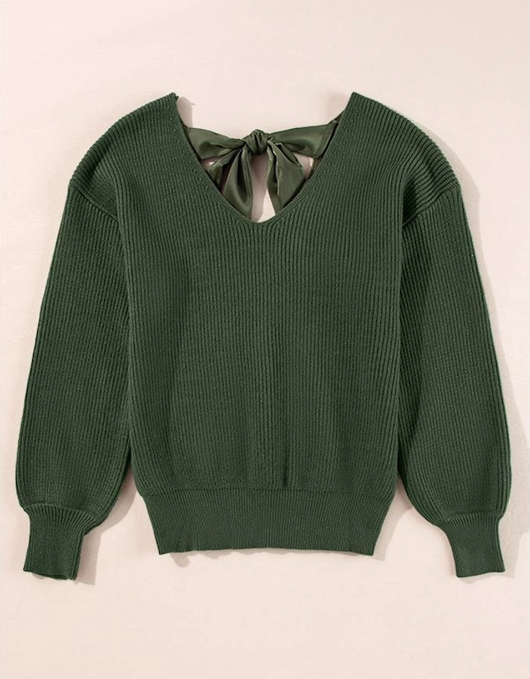 Jungle Green Lantern Sleeve V Neck Knot Back Sweater