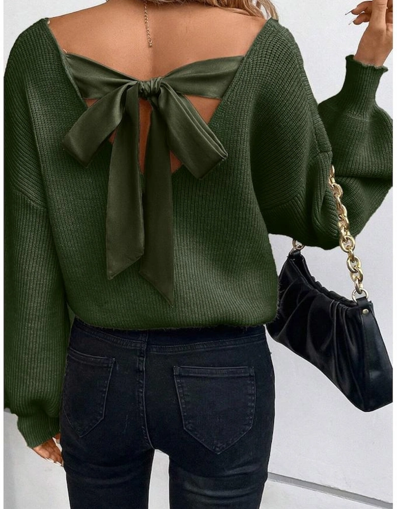 Jungle Green Lantern Sleeve V Neck Knot Back Sweater
