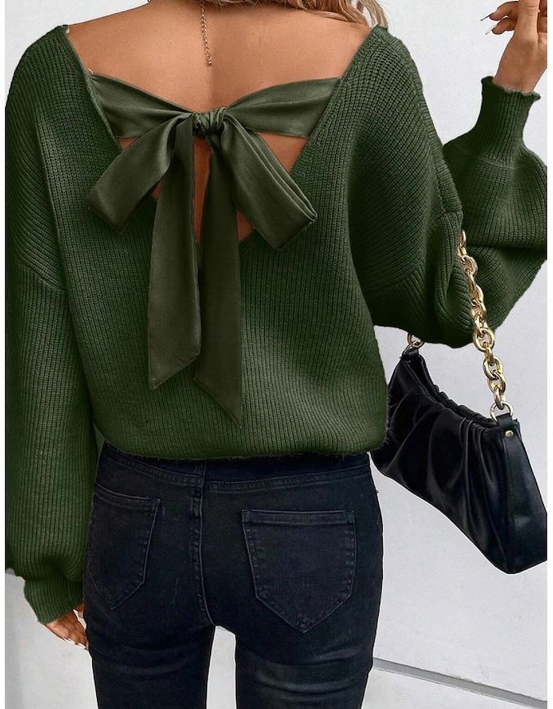 Jungle Green Lantern Sleeve V Neck Knot Back Sweater