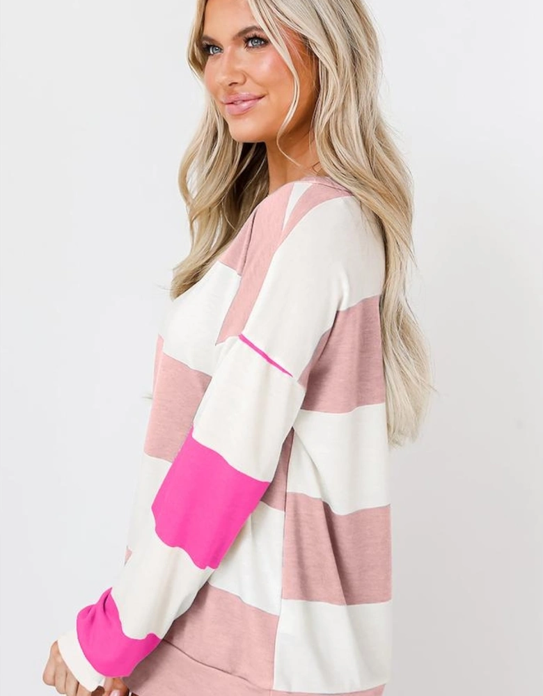 Light Pink Colorblock Striped Drop Shoulder Long Sleeve Top