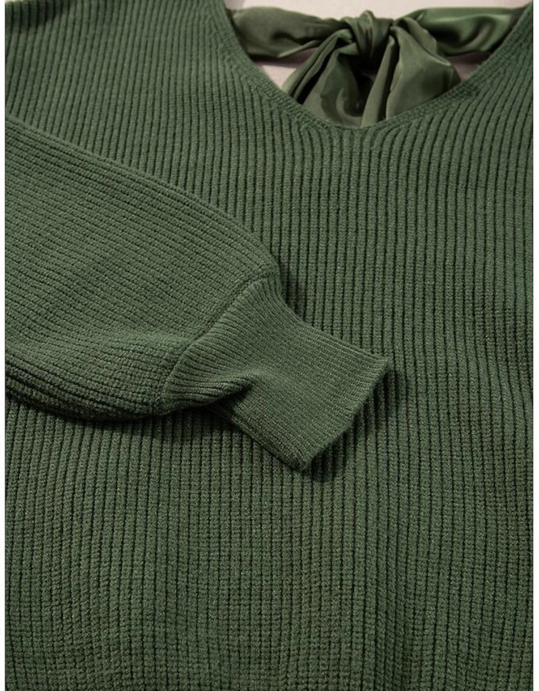 Jungle Green Lantern Sleeve V Neck Knot Back Sweater