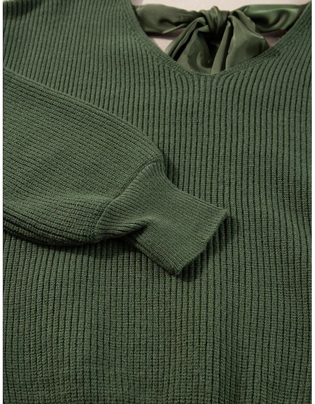 Jungle Green Lantern Sleeve V Neck Knot Back Sweater