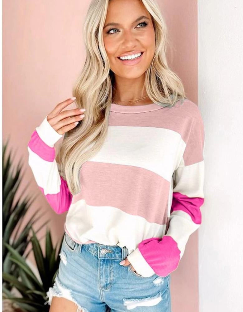 Light Pink Colorblock Striped Drop Shoulder Long Sleeve Top