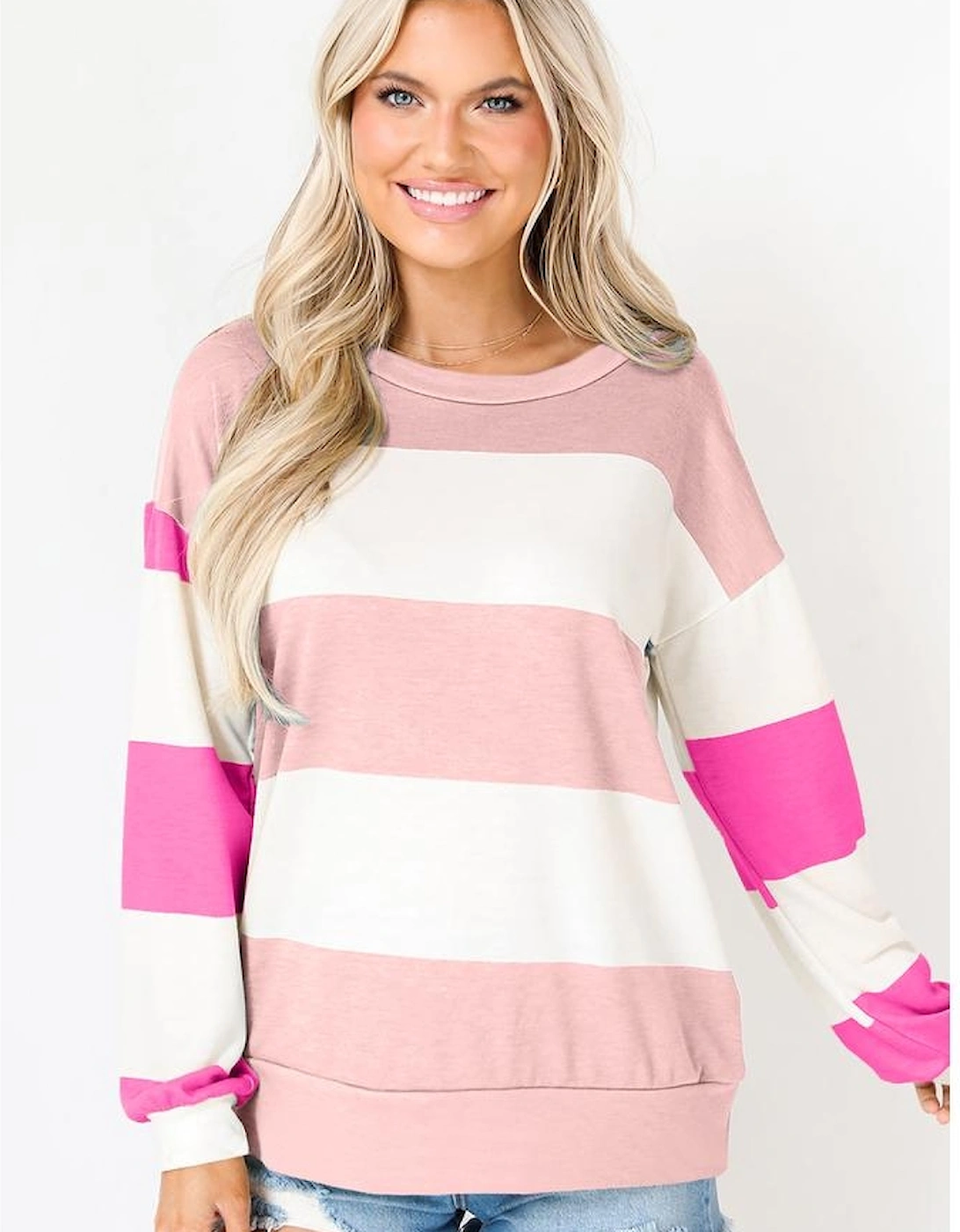 Light Pink Colorblock Striped Drop Shoulder Long Sleeve Top