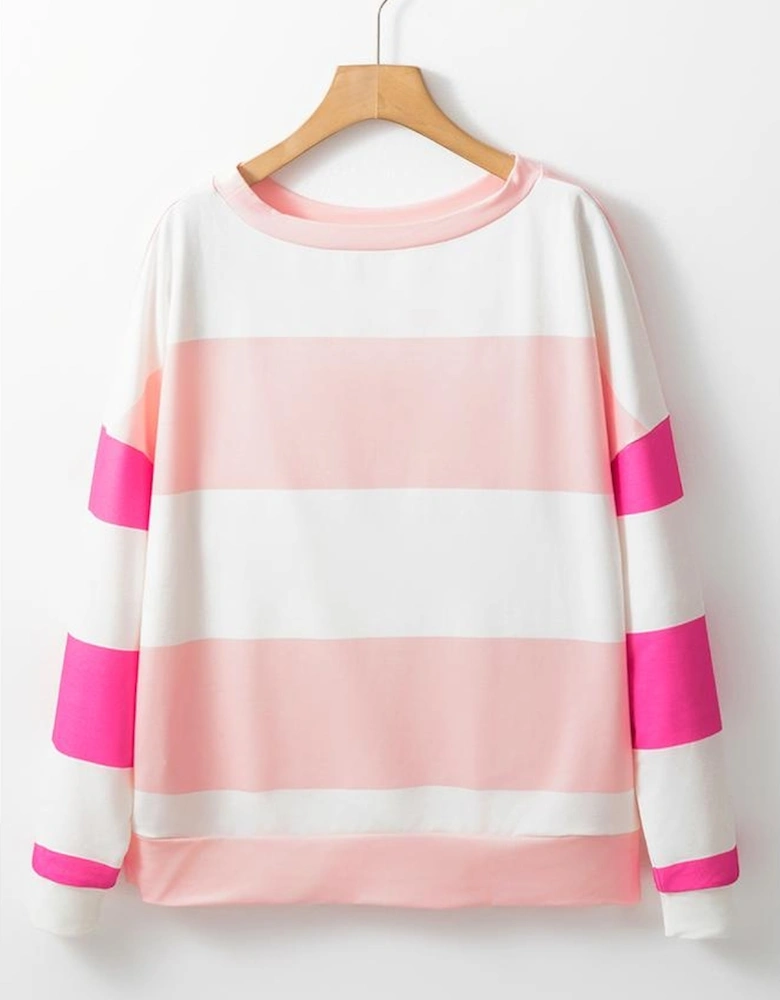 Light Pink Colorblock Striped Drop Shoulder Long Sleeve Top