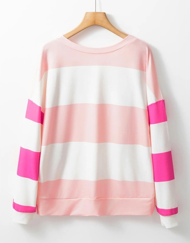 Light Pink Colorblock Striped Drop Shoulder Long Sleeve Top