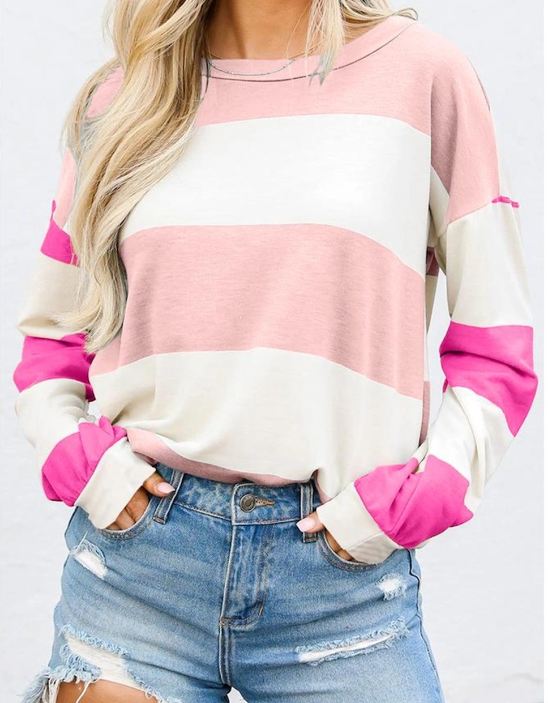 Light Pink Colorblock Striped Drop Shoulder Long Sleeve Top