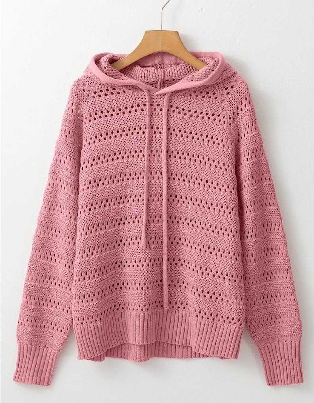 Peach Blossom Pointelle Knit Raglan Sleeve Hooded Sweater