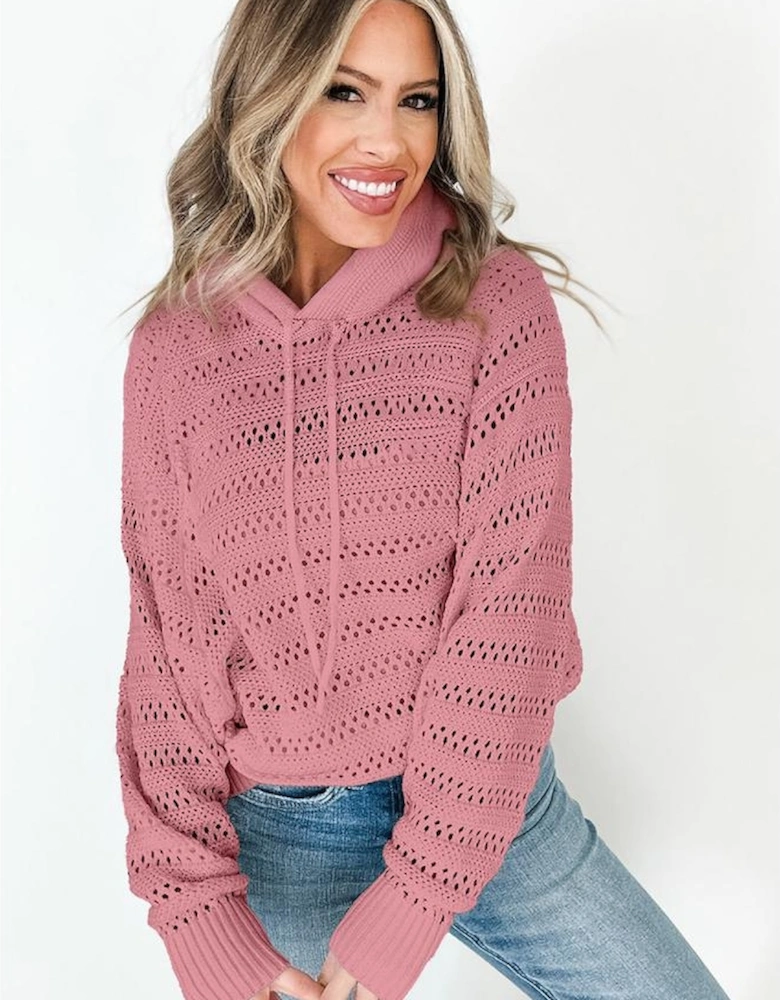 Peach Blossom Pointelle Knit Raglan Sleeve Hooded Sweater