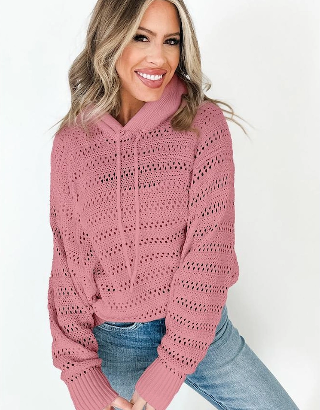 Peach Blossom Pointelle Knit Raglan Sleeve Hooded Sweater