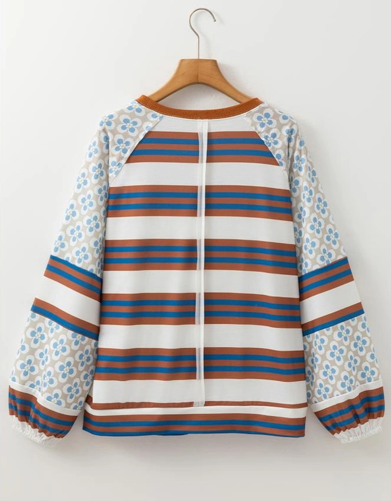 White Striped Floral Printed Patchwork Lantern Sleeve Blouse