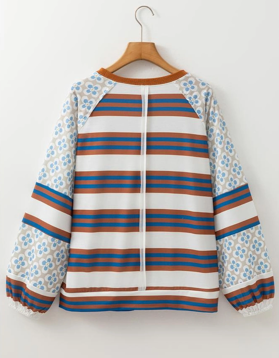 White Striped Floral Printed Patchwork Lantern Sleeve Blouse