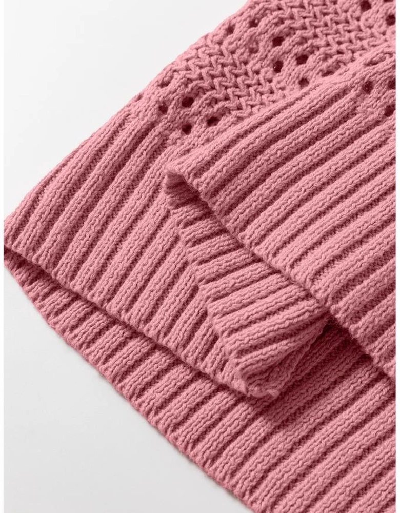 Peach Blossom Pointelle Knit Raglan Sleeve Hooded Sweater