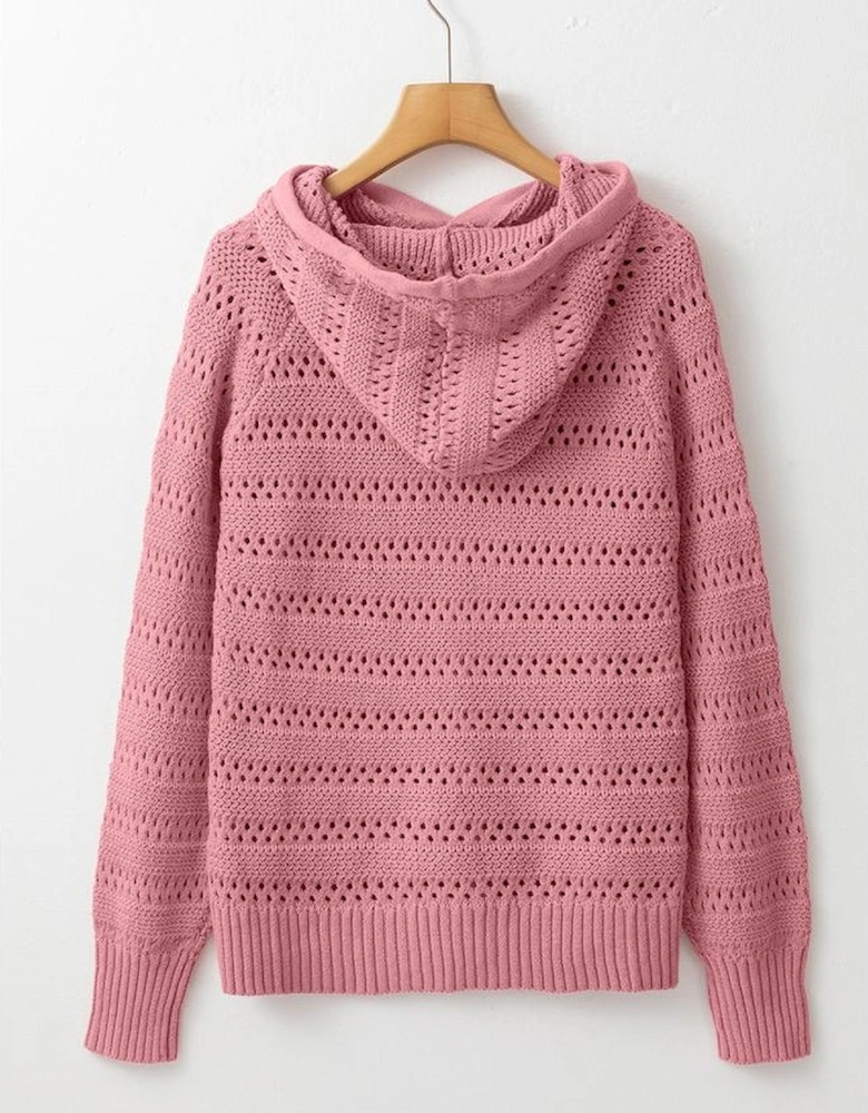Peach Blossom Pointelle Knit Raglan Sleeve Hooded Sweater