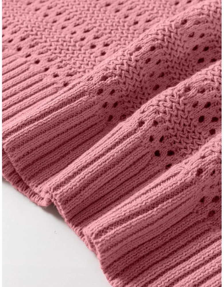 Peach Blossom Pointelle Knit Raglan Sleeve Hooded Sweater