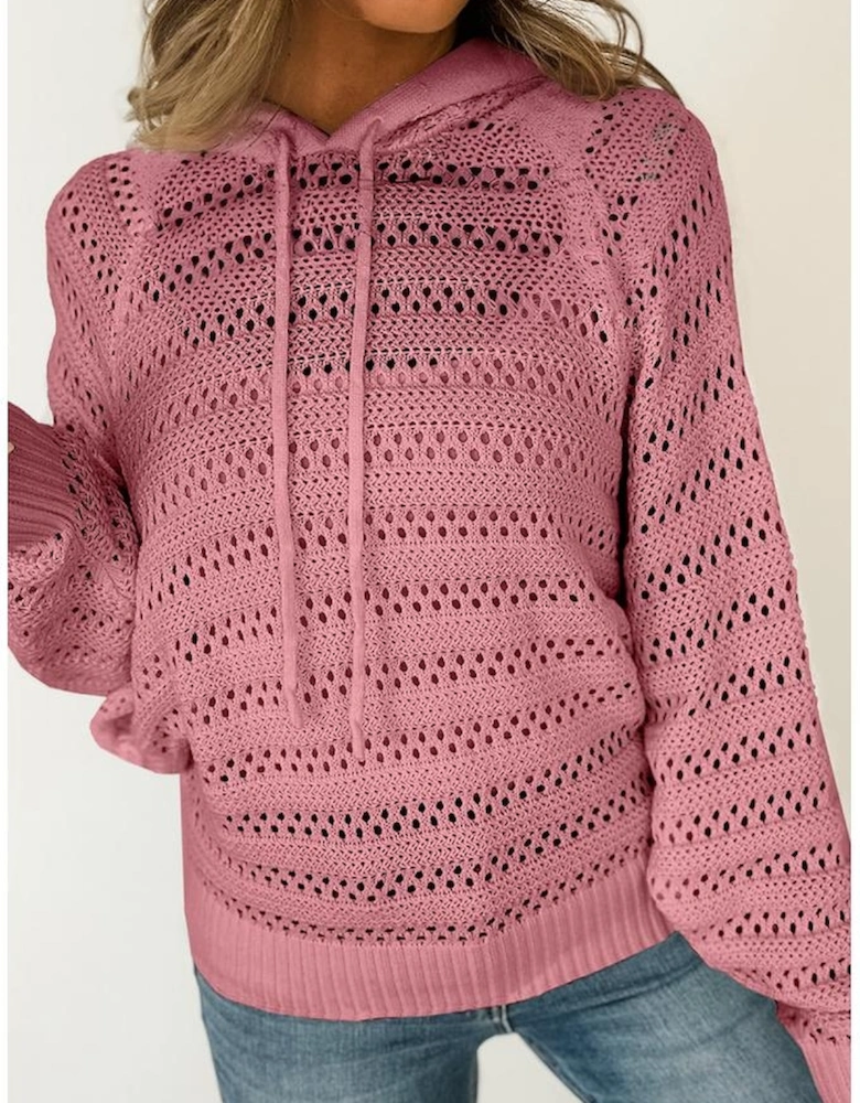 Peach Blossom Pointelle Knit Raglan Sleeve Hooded Sweater