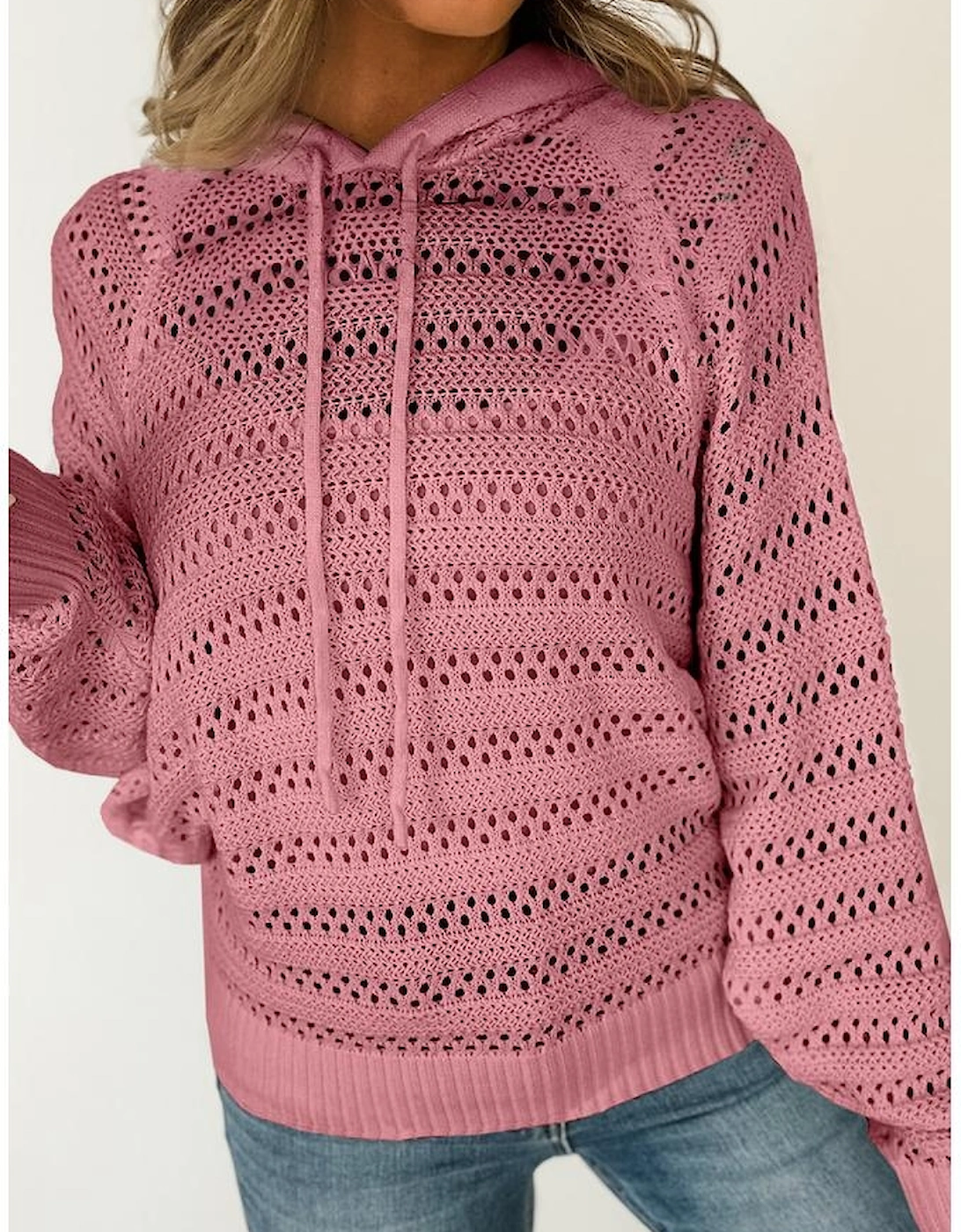 Peach Blossom Pointelle Knit Raglan Sleeve Hooded Sweater