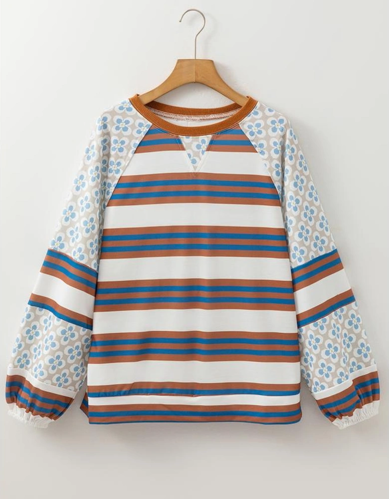 White Striped Floral Printed Patchwork Lantern Sleeve Blouse