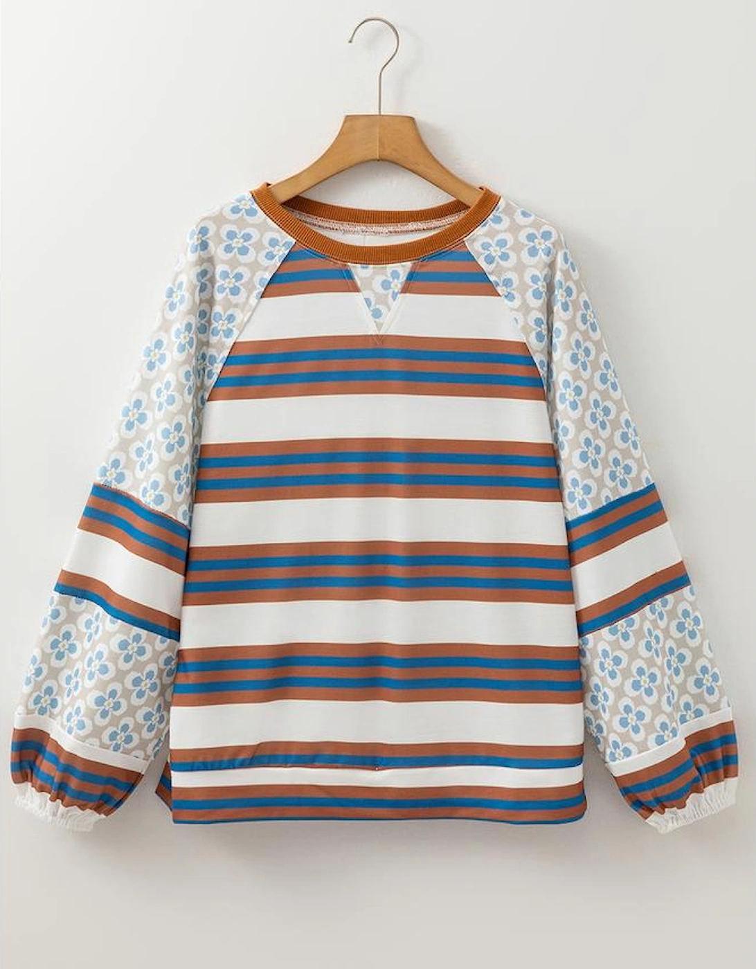 White Striped Floral Printed Patchwork Lantern Sleeve Blouse