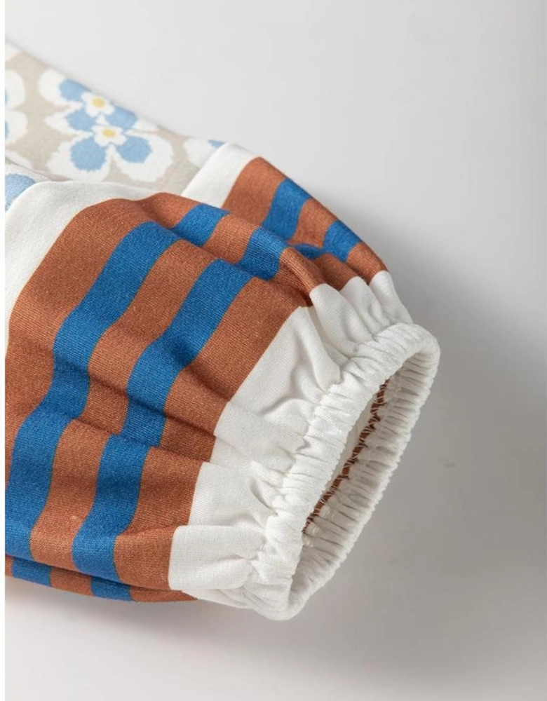 White Striped Floral Printed Patchwork Lantern Sleeve Blouse