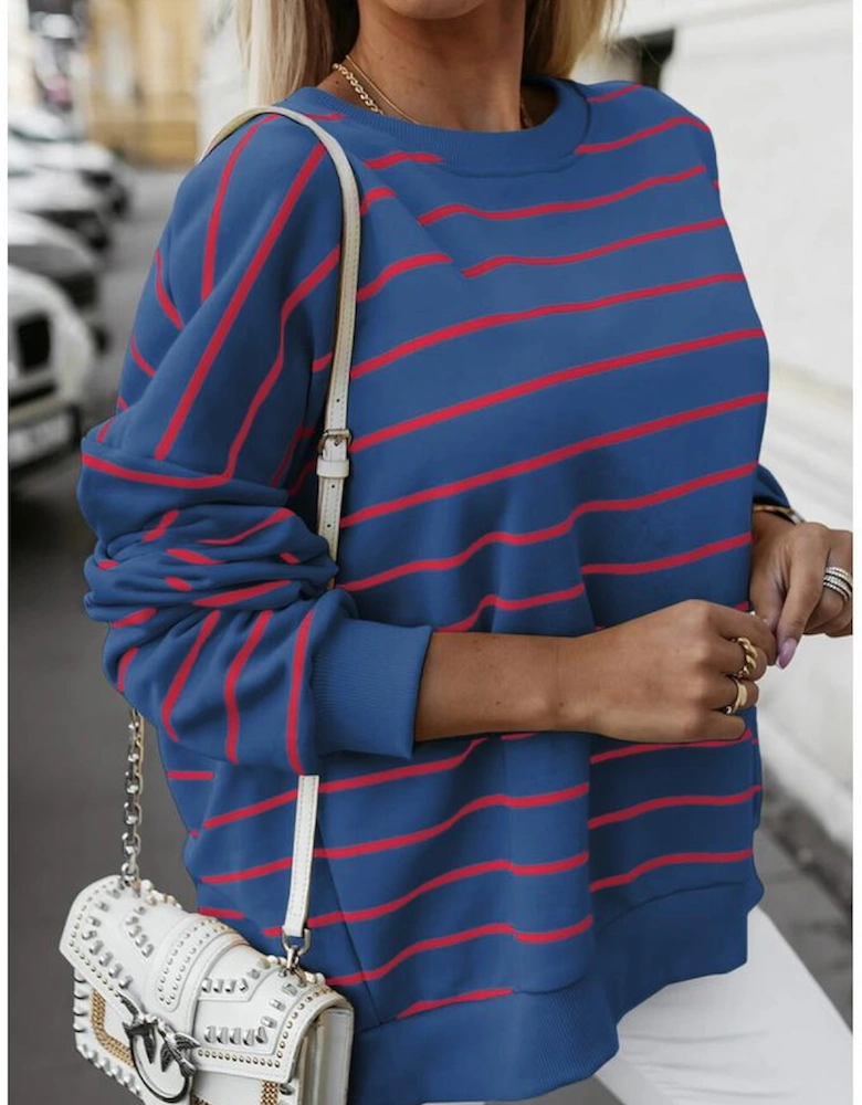Blue Stripe Stylish Overlap Detail Drop Shoulder Pullover Sweatshirt