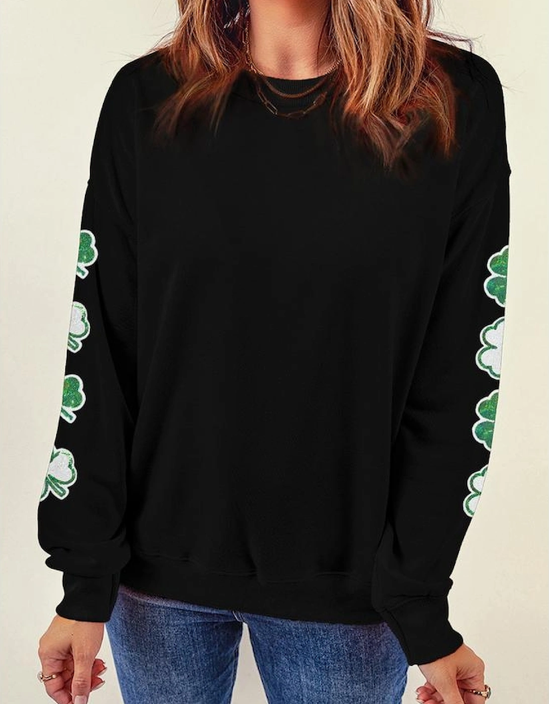 Black Sequin Clover Patched Drop Shoulder Sweatshirt