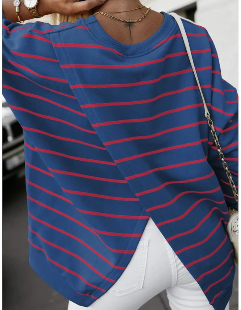 Blue Stripe Stylish Overlap Detail Drop Shoulder Pullover Sweatshirt
