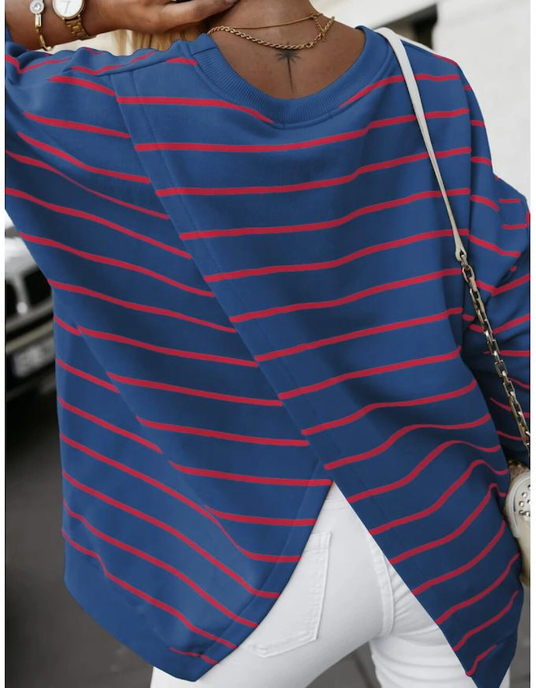 Blue Stripe Stylish Overlap Detail Drop Shoulder Pullover Sweatshirt, 4 of 3