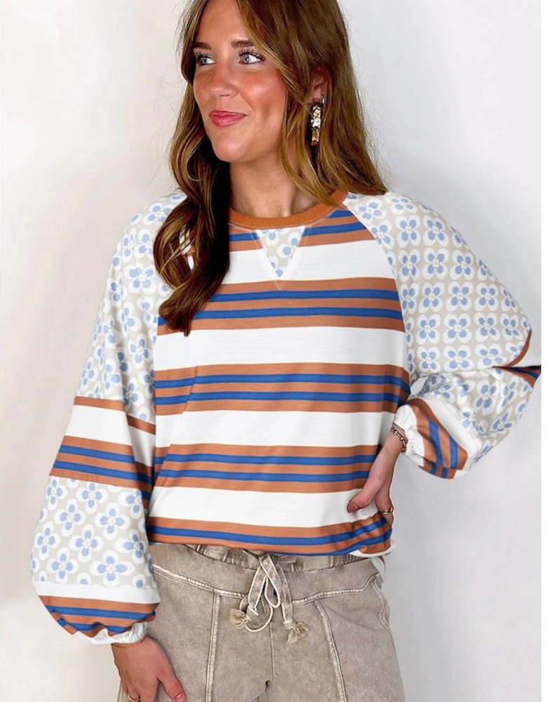 White Striped Floral Printed Patchwork Lantern Sleeve Blouse