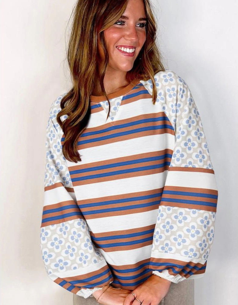 White Striped Floral Printed Patchwork Lantern Sleeve Blouse