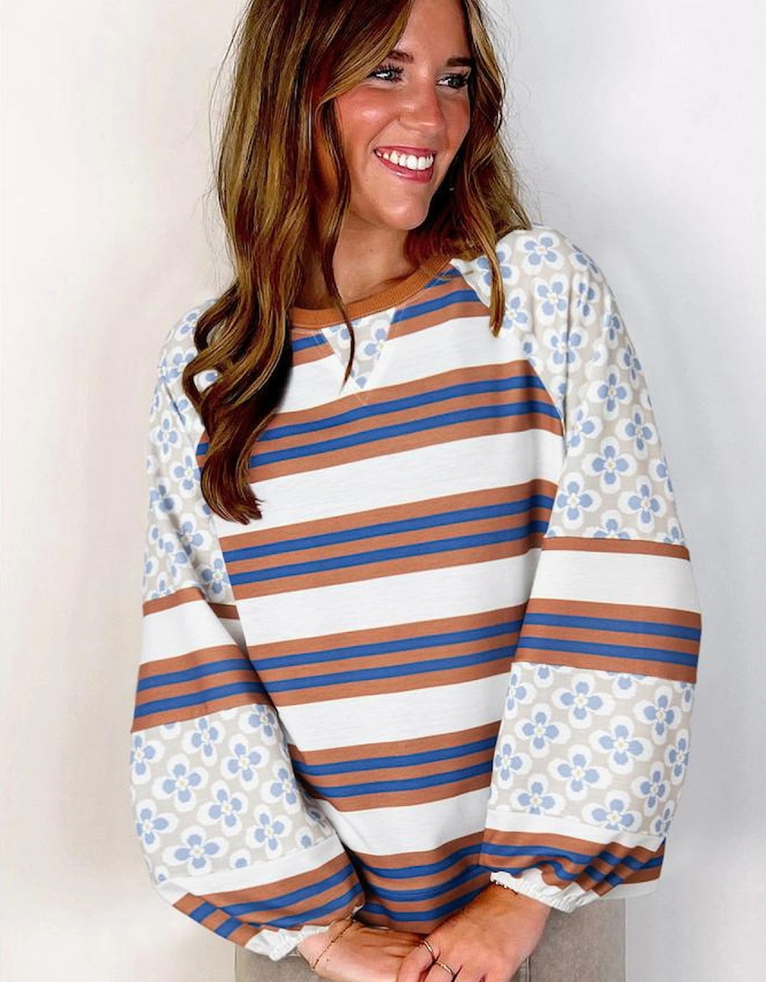 White Striped Floral Printed Patchwork Lantern Sleeve Blouse