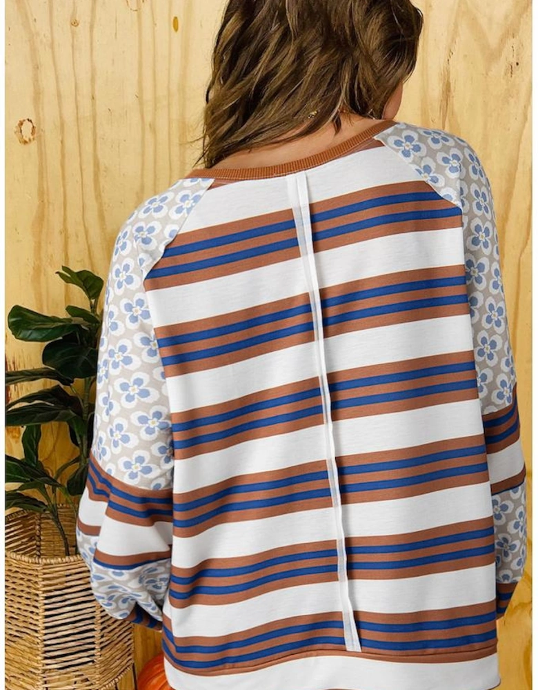 White Striped Floral Printed Patchwork Lantern Sleeve Blouse