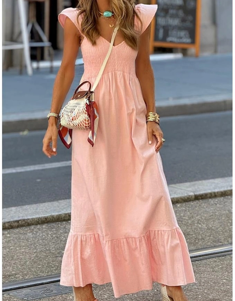 Pink V Neck Flutter Sleeve Smocked Bodice High Waist Ruffle Maxi Dress