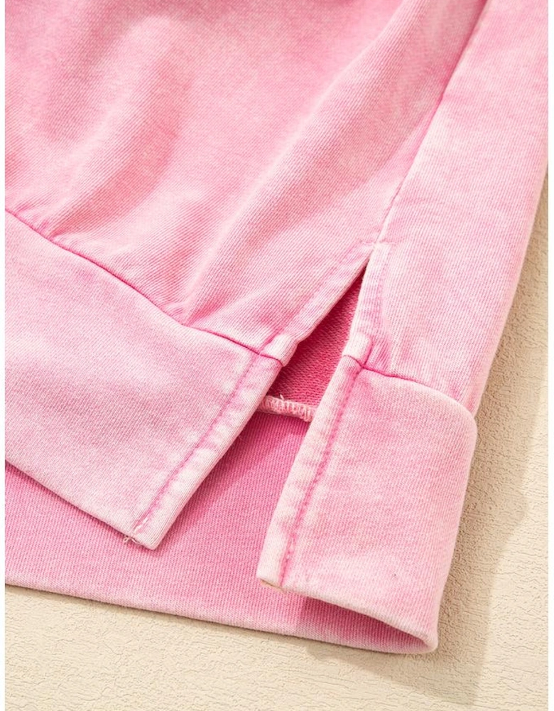 Bright Pink Mineral Wash Big Bow Patchwork Pullover Sweatshirt