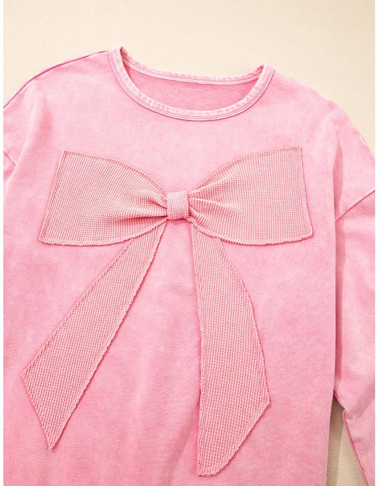 Bright Pink Mineral Wash Big Bow Patchwork Pullover Sweatshirt