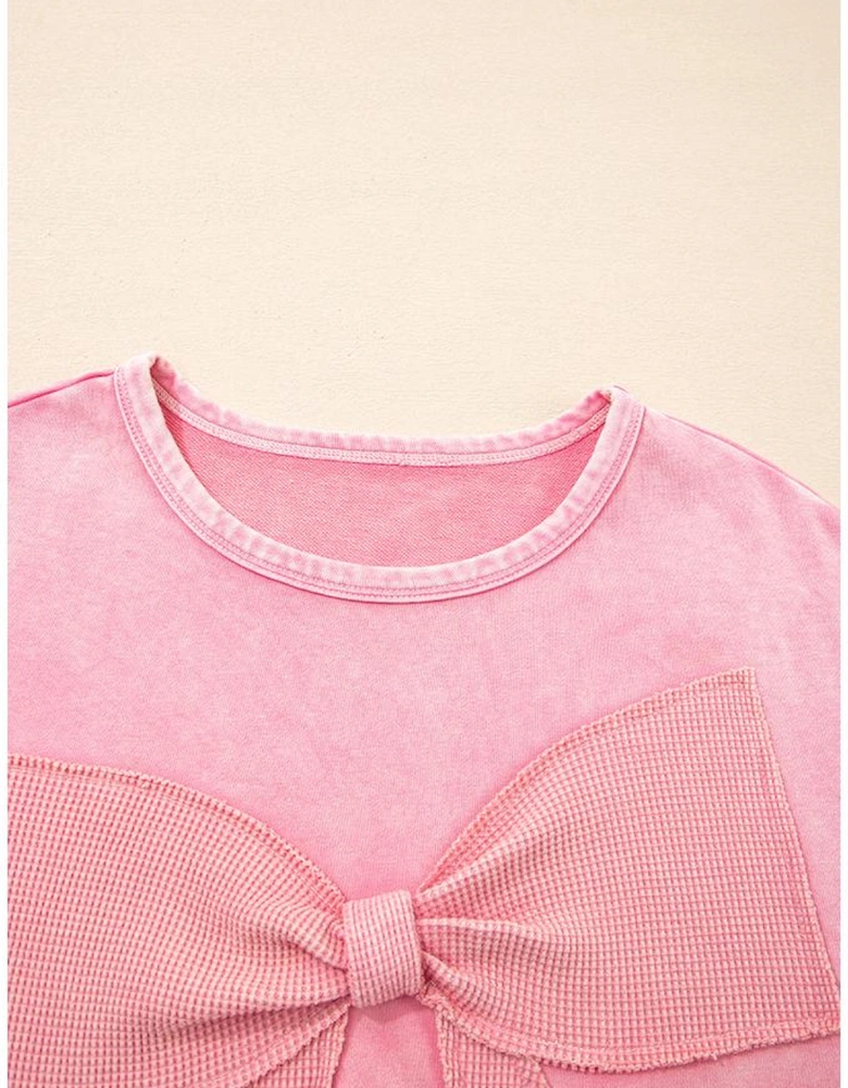 Bright Pink Mineral Wash Big Bow Patchwork Pullover Sweatshirt