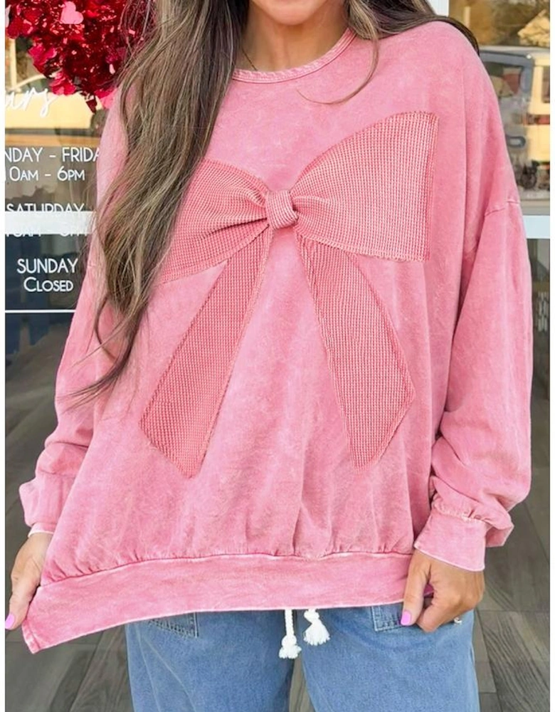 Bright Pink Mineral Wash Big Bow Patchwork Pullover Sweatshirt