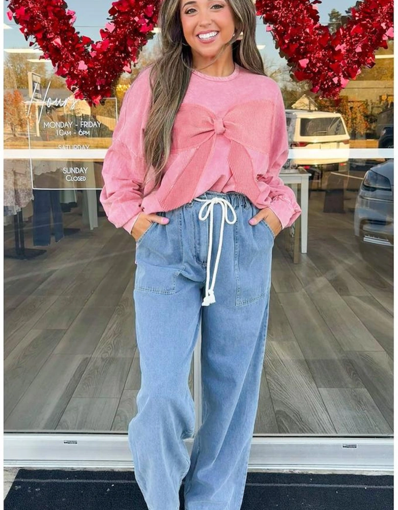 Bright Pink Mineral Wash Big Bow Patchwork Pullover Sweatshirt