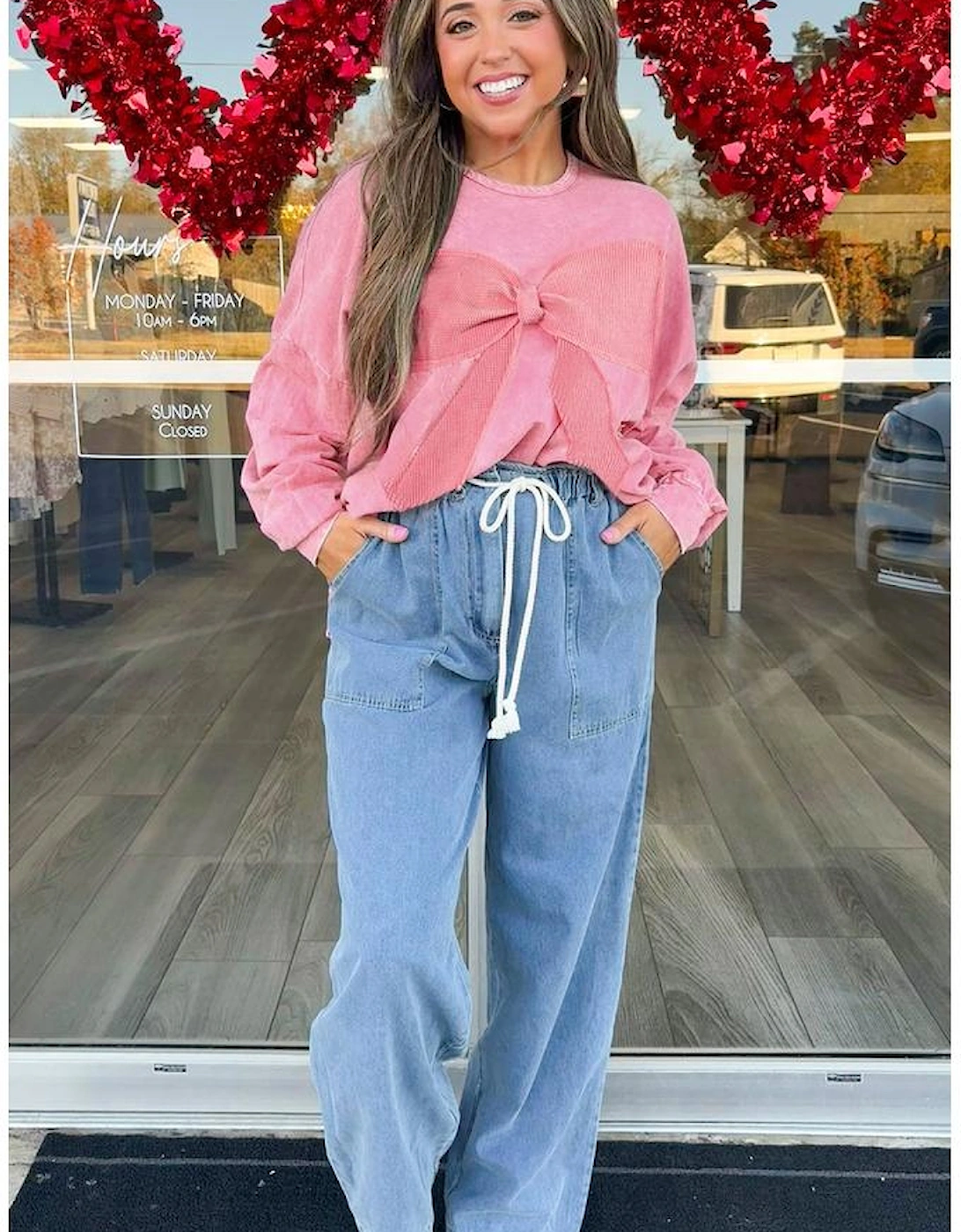 Bright Pink Mineral Wash Big Bow Patchwork Pullover Sweatshirt