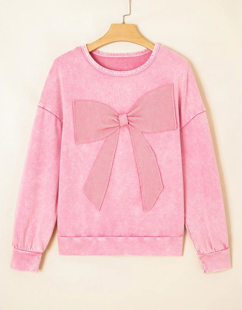 Bright Pink Mineral Wash Big Bow Patchwork Pullover Sweatshirt