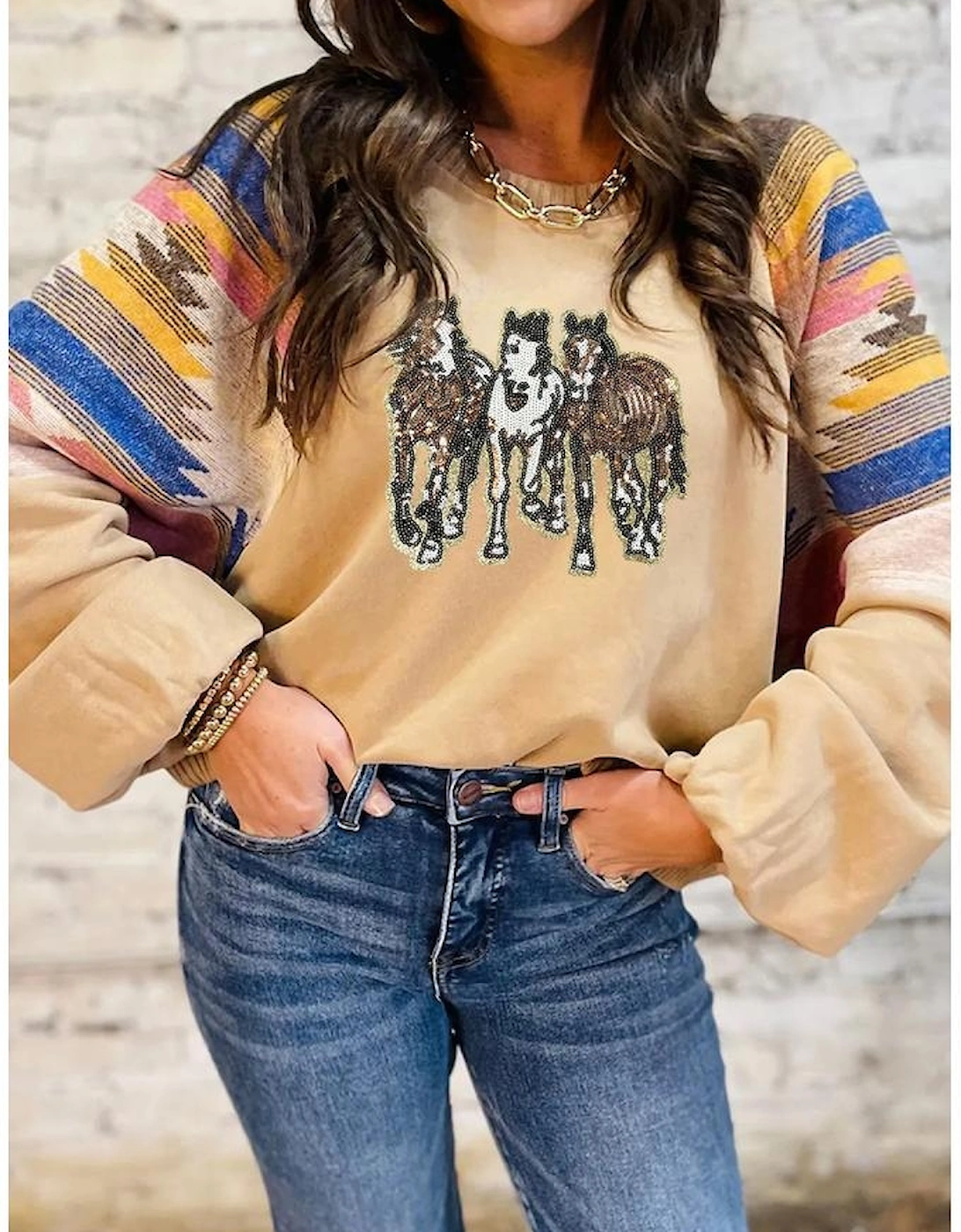 Light French Beige Sequined Western Horses Graphic Aztec Bubble Sleeve Western Fashion Sweatshirt