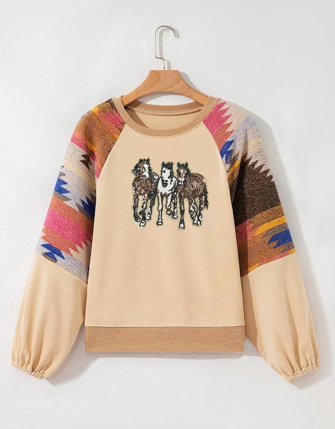 Light French Beige Sequined Western Horses Graphic Aztec Bubble Sleeve Western Fashion Sweatshirt