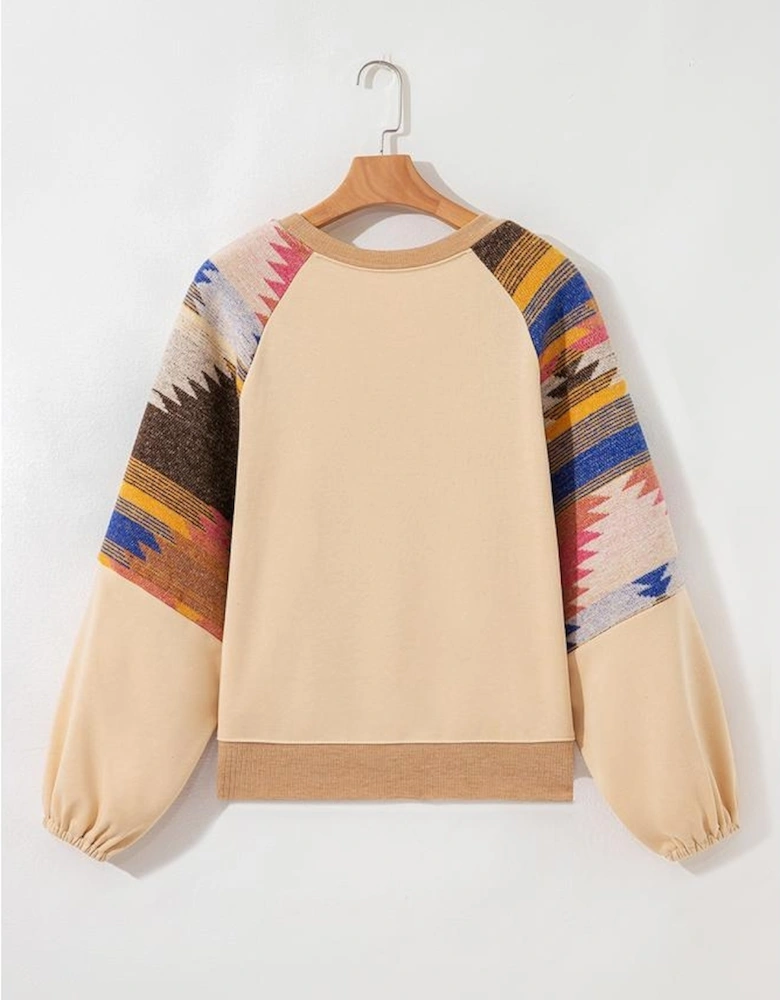 Light French Beige Sequined Western Horses Graphic Aztec Bubble Sleeve Western Fashion Sweatshirt