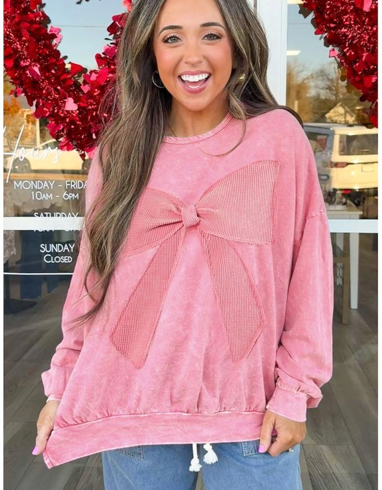 Bright Pink Mineral Wash Big Bow Patchwork Pullover Sweatshirt