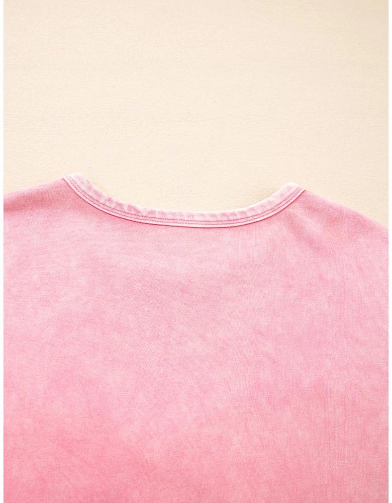 Bright Pink Mineral Wash Big Bow Patchwork Pullover Sweatshirt