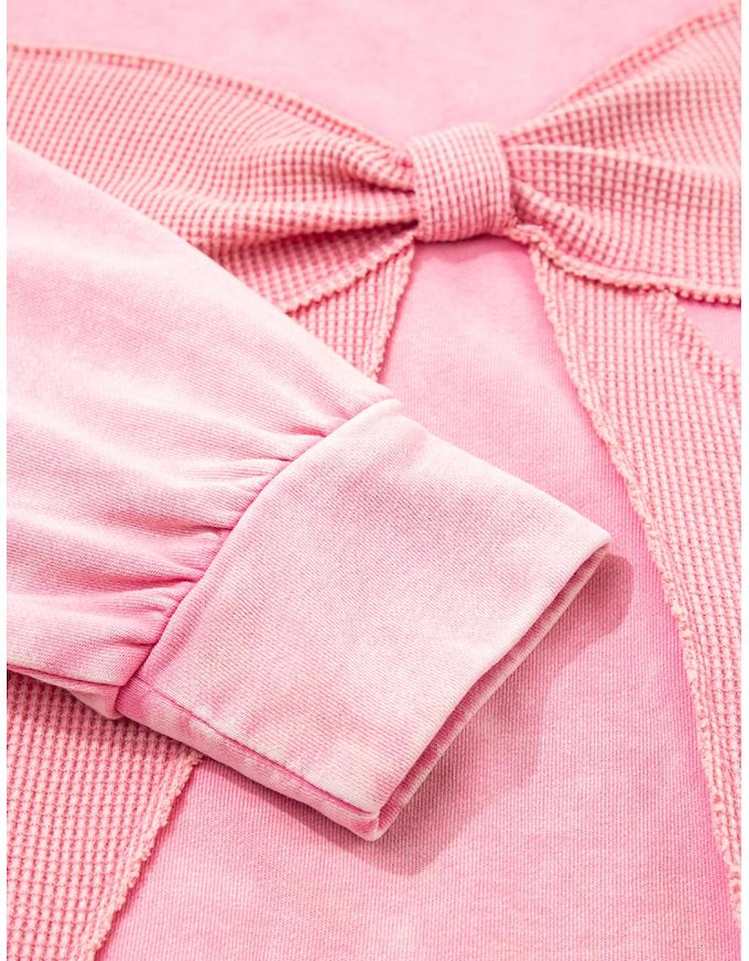 Bright Pink Mineral Wash Big Bow Patchwork Pullover Sweatshirt