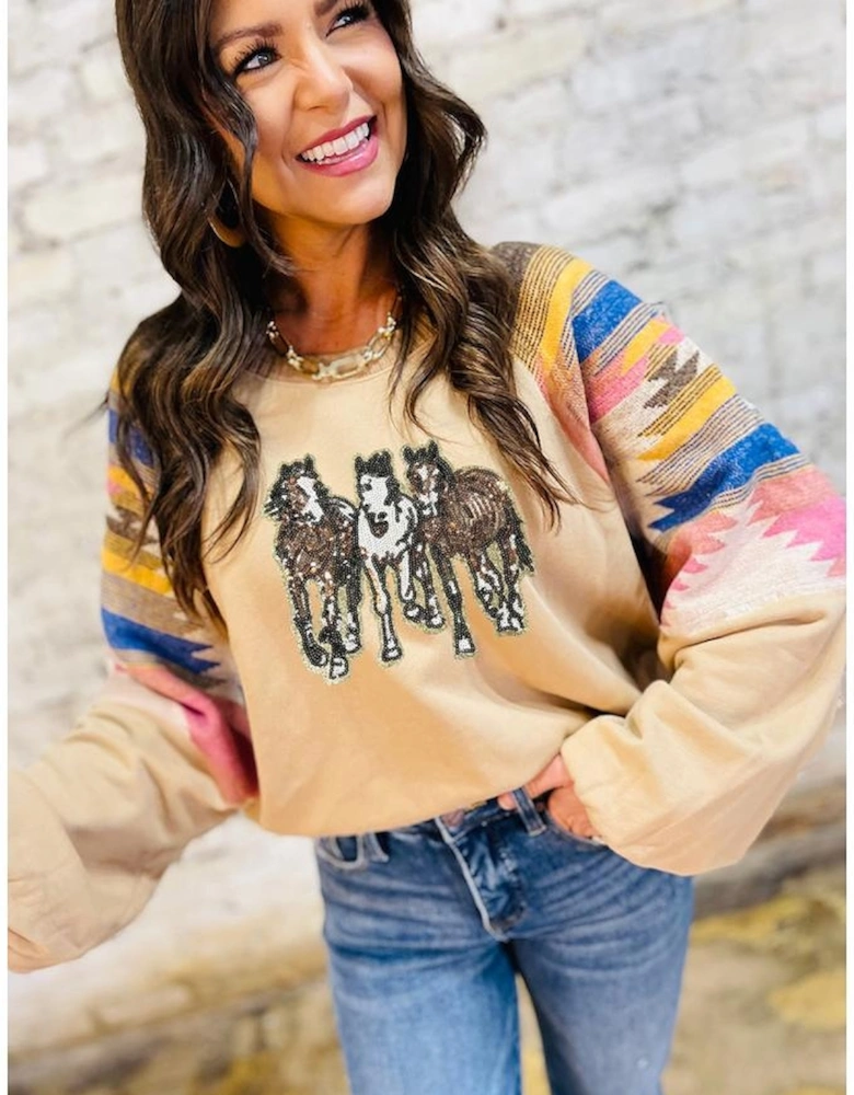 Light French Beige Sequined Western Horses Graphic Aztec Bubble Sleeve Western Fashion Sweatshirt