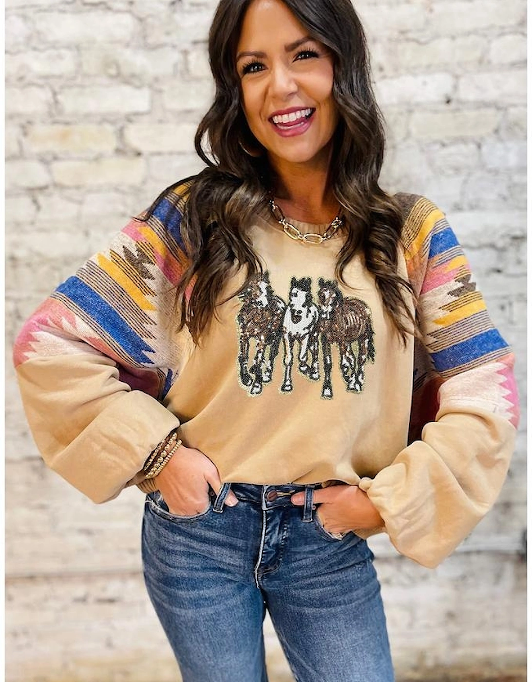 Light French Beige Sequined Western Horses Graphic Aztec Bubble Sleeve Western Fashion Sweatshirt