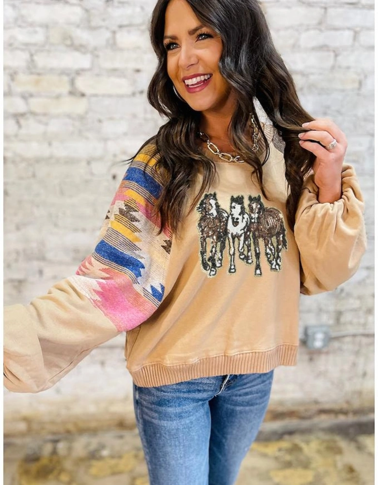 Light French Beige Sequined Western Horses Graphic Aztec Bubble Sleeve Western Fashion Sweatshirt